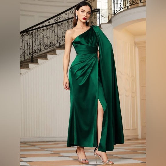 New Elegant Evening Party Formal Long Dress One Shoulder High Slit Emerald Green - Picture 5 of 7